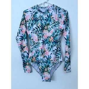 AXESEA Women Long Sleeve Rash Guard Tropical Floral One Piece Surf Suit Size 10